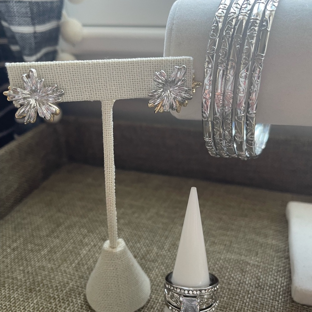 Silver Jewelry Set with Earrings, Bangles, and Ring